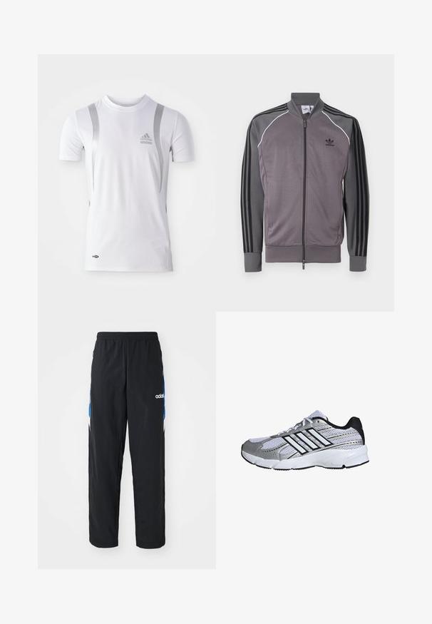 Grå atletisk jakke med lynlås foran, sort tre-stribet design på ærmerne, ribbede manchetter og krave. Har hvid piping langs sømmene.; Hvid kortærmet træningsskjorte med sølvdetaljer, med rund hals og et Adidas-logo på brystet. Lavet af fugttransporterende materiale.; Sorte træningsbukser med elastisk talje, prydet med blå og hvide grafiske detaljer på siderne og et broderet logo.; Mesh atletik sko i hvid og sølv, med sorte detaljer, tre hvide striber logo, polstret krave og tekstureret gummisål.