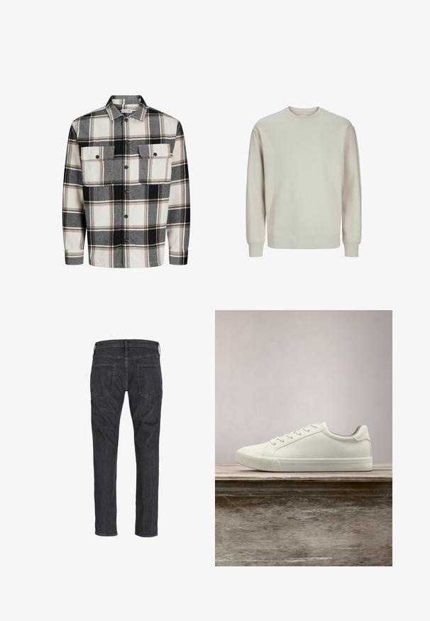 Karorhemt in Grau, Schwarz und Beige aus Flanell. Verfügt über einen Schalkragen, eine gewerbe Frontknopfverschluss und zwei Brusttaschen mit Klappen.; Helles graues Sweatshirt aus weichem Stoff, mit rundem Hals, langen Ärmeln und gerippten Bündchen und Saum für eine bequeme Passform.; Dunkelgraue Jeans mit geradem Bein, von hinten gezeigt, mit zwei Gesäßtaschen und Gürtelschlaufen am Bund.; Weiße Schnürsneaker, die über einer Holzbank mit grünem Laub im Hintergrund schweben und das Schuhdesign sowie die Textur zeigen.