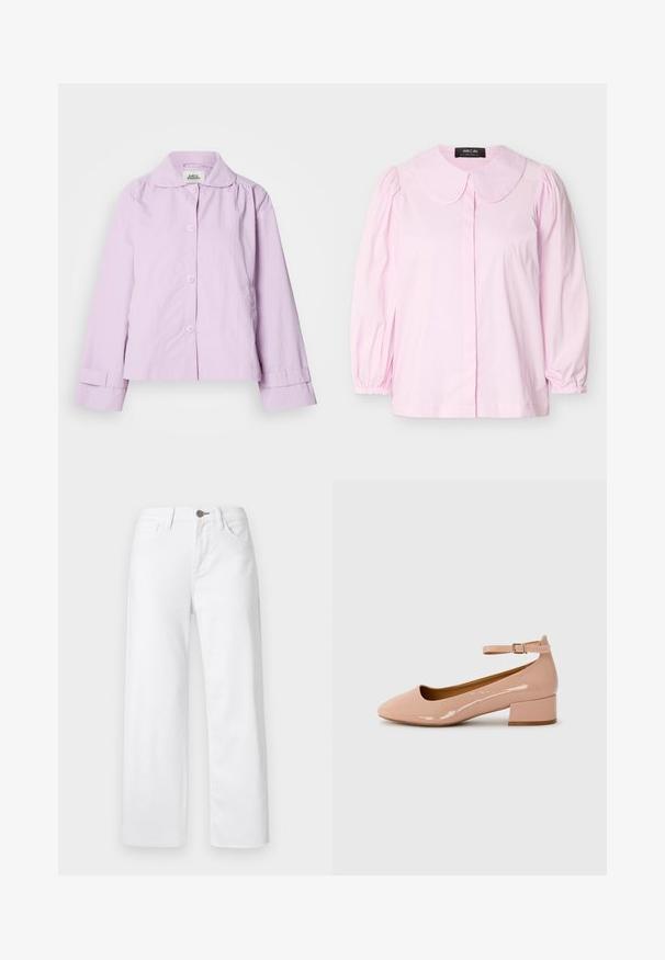 Chaqueta lavanda clara con cuello, botones delanteros y mangas largas. Fabricada con una tela suave con una textura sutil y detalles en los puños.; Blusa de manga larga color rosa claro con cuello redondeado, hombros fruncidos, puños elásticos y cierre frontal con botones ocultos, mostrada sobre un fondo blanco.; Vaqueros blancos de corte recto hechos de denim, con botón y cremallera delanteros, diseño de cinco bolsillos y una textura lisa y mate.; Zapatilla plana de charol rosa con punta redondeada, tira al tobillo y tacón bajo. Textura suave y diseño minimalista.