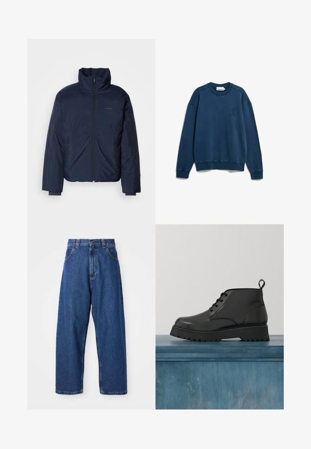 Navyblauer, gesteppter Puffer-Jacke mit hohem Kragen und durchgehendem Reißverschluss. Verfügt über Reißverschlusstaschen an den Seiten und gerippte Bündchen für zusätzliche Wärme.; Dunkelblaues Sweatshirt mit Rundhalsausschnitt, langen Ärmeln und kleinem gesticktem Logo auf der linken Brust, dargestellt auf weißem Hintergrund.; Weite Jeans aus Denim in Dunkelblau. Hohe Taille, Gürtelschlaufen und klassisches Fünf-Taschen-Design. Gestickter Saum mit sauberem Finish.; Schwarze Leder-Stiefelette mit glänzender Oberfläche. Merkmale sind eine abgerundete Spitze, Schnürdesign und eine dicke, geriffelte Sohle für besseren Halt.