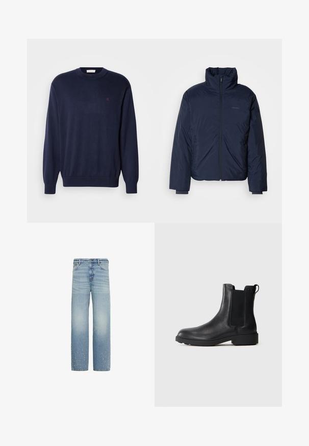 Navyblauer, gesteppter Puffer-Jacke mit hohem Kragen und durchgehendem Reißverschluss. Verfügt über Reißverschlusstaschen an den Seiten und gerippte Bündchen für zusätzliche Wärme.; Marineblauer Pullover aus weichem Stoff, mit Rundhalsausschnitt, gerippten Bündchen und Saum. Kleines gesticktes Logo auf der Brust. Klassische Passform.; Hellblaue Jeans mit geradem Bein, dezent ausgewaschen und kleinen distressed Stellen nahe dem unteren Saum an beiden Beinen.; Schwarze Leder-Stiefelette mit elastischen Seiteneinsätzen, Zugschlaufe an der Ferse und niedrigem Blockabsatz vor einem schlichten Hintergrund.