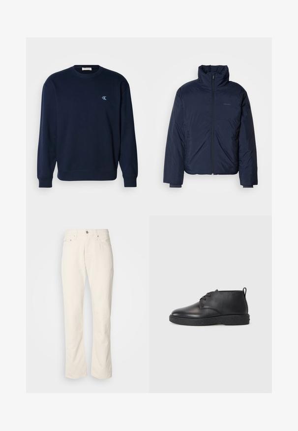 Navyblauer, gesteppter Puffer-Jacke mit hohem Kragen und durchgehendem Reißverschluss. Verfügt über Reißverschlusstaschen an den Seiten und gerippte Bündchen für zusätzliche Wärme.; Navyblauer Sweatshirt aus Baumwollmischung mit gerippten Bündchen und Saum. Mit kleinem hellblauen Logo auf der Brust. Klassisches Rundhalsausschnitt-Design.; Beige Baumwolljeans mit klassischem geradem Bein, ausgestattet mit einem Frontknopfverschluss, fünf Taschen und dezenten Nähdetails.; Schwarze Leder-Stiefeletten mit glatter Textur, abgerundeter Spitze und schwarzer Gummisohle. Verfügt über ein Schnürdesign und eine Fersenschlaufe für ein einfaches Anziehen.