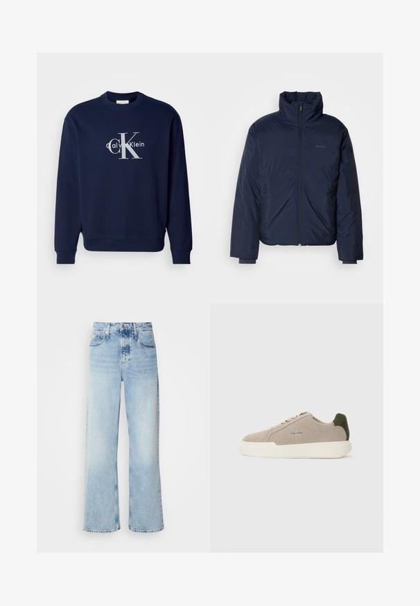 Námornícky prešívaný puff jacket s vysokým golierom a plným predným zipsom. Obsahuje zipsové bočné vrecká a rebrované manžety pre extra teplo.; Námornícky modrý bavlnený sveter s okrúhlym výstrihom, dlhými rukávmi a rebrovanými manžetami; obsahuje veľké strieborné logo s "Calvin Klein" a "CK."; Svetlomodré široké rifle s vysokým pásom, s jemne vyblednutým povrchom, pútkom na opasok a klasickým dizajnom s piatimi vreckami. Lem je surový.; Béžové semišové tenisky s bielou gumovou podrážkou, zdobené tmavozeleným akcentom na päte a jemným brandingom na boku.
