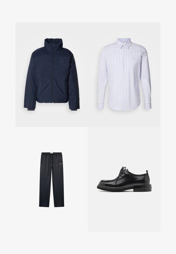 Doudoune matelassée marine avec col montant et fermeture éclair sur toute la longueur. Dispose de poches latérales zippées et de poignets côtelés pour plus de chaleur.; Calvin Klein SLIM FIT - Chemise - inkwell; Pantalons de loisirs bleu marine foncé avec des rayures verticales, taille élastique, cordon de serrage, et logo "LES DEUX", présentant une coupe décontractée et large.; Calvin Klein LACE UP APRON BRUSH OFF - Derbies - black