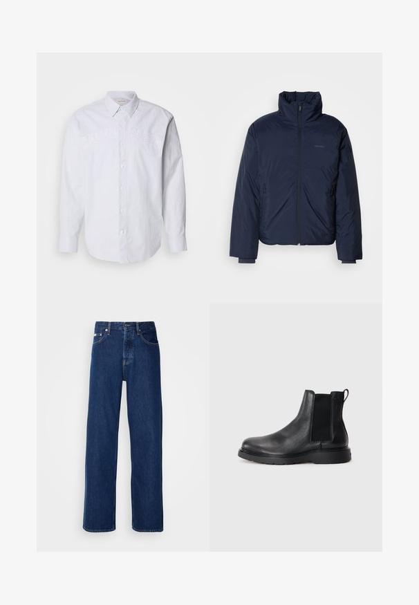 Námornícky prešívaný puff jacket s vysokým golierom a plným predným zipsom. Obsahuje zipsové bočné vrecká a rebrované manžety pre extra teplo.; Biela košeľa s dlhými rukávmi vyrobená z ľanu s vertikálnymi modrými pruhmi, s gombíkovou prednou časťou a embosovaným logom "CALVIN KLEIN" na hrudi.; Tmavomodré džínsy s širokým strihom, s gombíkovým zapínaním a klasickým piatym vreckovým dizajnom. Tkanina má hladkú textúru.; Čierne kožené chelsea čižmy s textúrovaným povrchom, elastickými bočnými panelmi a pevným gumovým podpätkom. Diskrétny branding na päte.