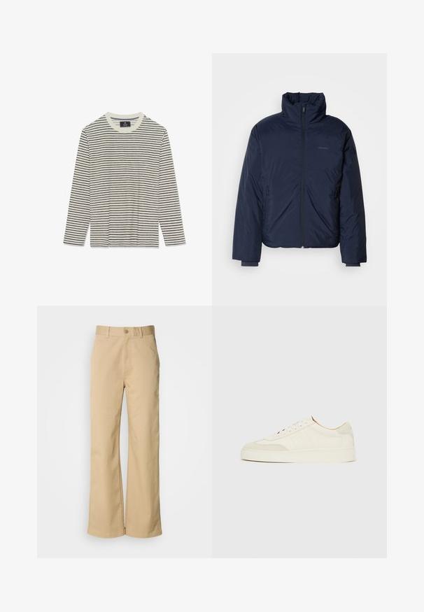 Námornícky prešívaný puff jacket s vysokým golierom a plným predným zipsom. Obsahuje zipsové bočné vrecká a rebrované manžety pre extra teplo.; Dlhý rukáv košele s krémovým základom a tenkými námorníckymi pruhmi. Má okrúhly výstrih a jemnú textúru. Bez viditeľných log a ozdôb.; Béžové široké nohavice vyrobené z bavlnenej zmesi. Obsahujú zapínanie na gombík a pútka na opasok. Hladká textúra s minimálnymi švíkmi.; Biele semišové tenisky s hladkým povrchom, okrúhlou špičkou, plochým šnurovaním a kontrastnými textúrovanými detailmi. Obsahujú jemný detail loga.