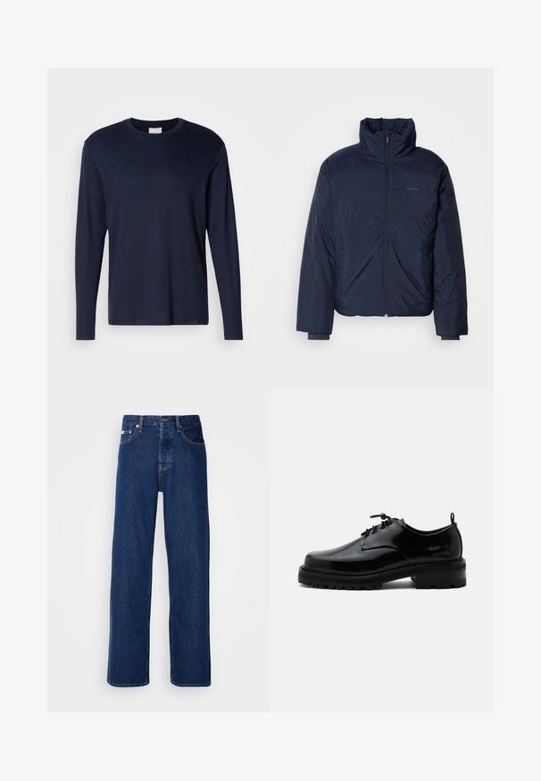 Námornícky prešívaný puff jacket s vysokým golierom a plným predným zipsom. Obsahuje zipsové bočné vrecká a rebrované manžety pre extra teplo.; Tmavomodré tričko s dlhým rukávom vyrobené z mäkkého bavlneného materiálu. Má okrúhly výstrih a malé logo na hrudi. Hladká textúra, klasický strih.; Tmavomodré džínsy s širokým strihom, s gombíkovým zapínaním a klasickým piatym vreckovým dizajnom. Tkanina má hladkú textúru.; Čierna leštená kožená šnurovacia obuv s hrubou gumovou podrážkou a nízkym podpätkom, bočný nápis značky "SAMSOE" a zadné ťahadlo.