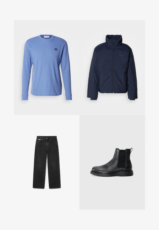 Námornícky prešívaný puff jacket s vysokým golierom a plným predným zipsom. Obsahuje zipsové bočné vrecká a rebrované manžety pre extra teplo.; Dlhý rukáv modré rebrované tričko vyrobené z bavlny, s okrúhlym výstrihom a malou logom nášivkou v hornej ľavej oblasti hrude.; Čierne rovné džínsy s predným gombíkom a zipsom, piatimi vreckami a malou značkovou nálepkou na pravom prednom vrecku.; Čierne kožené chelsea čižmy s textúrovaným povrchom, elastickými bočnými panelmi a pevným gumovým podpätkom. Diskrétny branding na päte.