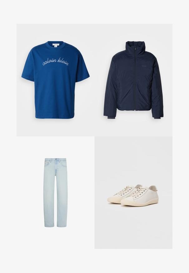 Námornícky prešívaný puff jacket s vysokým golierom a plným predným zipsom. Obsahuje zipsové bočné vrecká a rebrované manžety pre extra teplo.; Modrá bavlnená tričko s okrúhlym výstrihom a krátkymi rukávmi, s elegantne vyšívaným nápisom "calvin klein" v bielej kurzívou cez hruď.; Svetlomodré rifle z denimu s rovným strihom nohavíc, predným zapínaním na gombík a zips, pútkami na opasok a prednými vreckami.; Biele tenisky vyrobené z hladkej kože s tónovým švom, šnurovaním, zaoblenou špičkou a textúrovanou gumovou podrážkou.