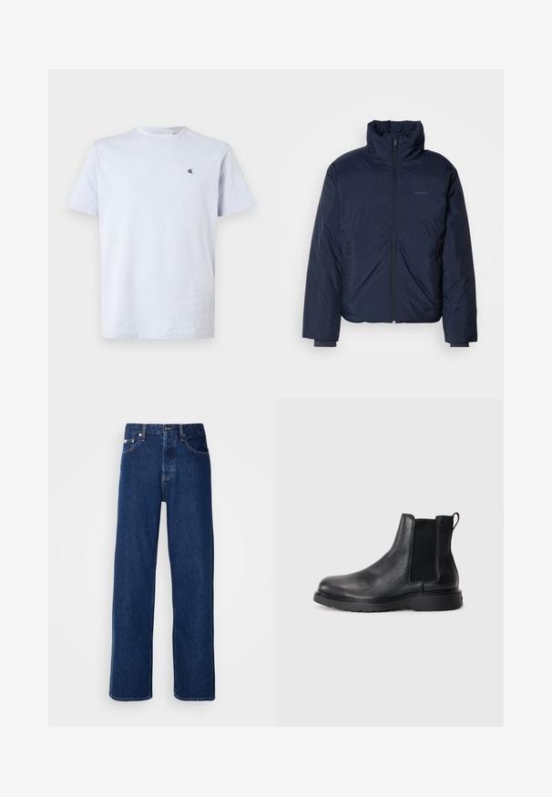 Chaquetón acolchado azul marino con cuello alto y cremallera frontal completa. Incluye bolsillos laterales con cremallera y puños acanalados para mayor calidez.; Camiseta de cuello redondo de manga corta en azul claro liso, con un pequeño logo negro "cK" en el lado izquierdo del pecho, sobre un fondo blanco.; Vaqueros de mezclilla azul oscuro con un diseño de pierna ancha, que presentan un cierre de botón y el clásico estilo de cinco bolsillos. La tela tiene una textura suave.; Botas Chelsea de cuero negro con acabado texturizado, paneles laterales elásticos y una suela de goma resistente. Marca sutil en el talón.