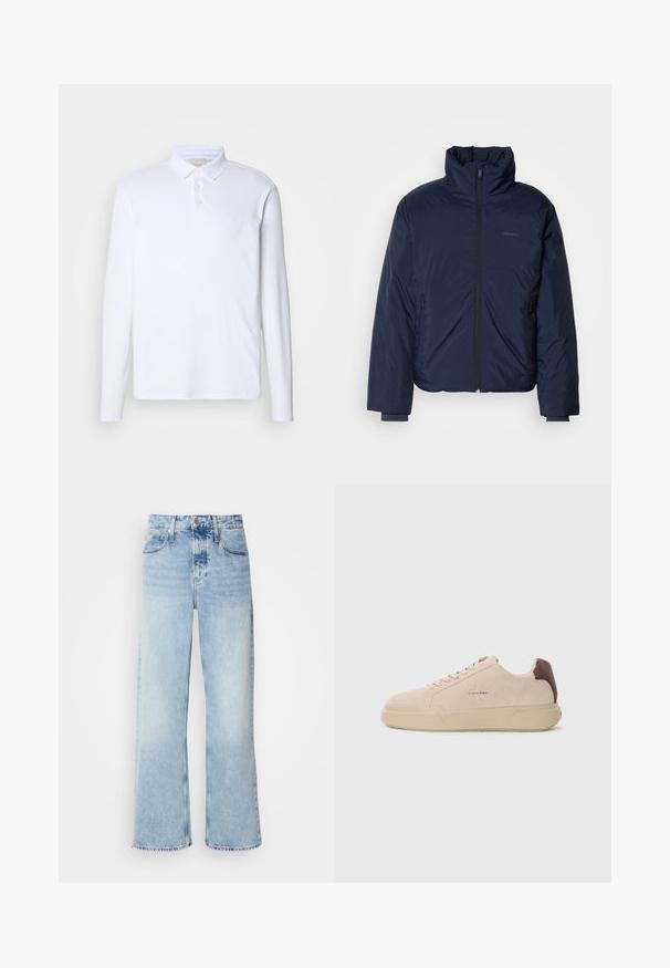 Námornícky prešívaný puff jacket s vysokým golierom a plným predným zipsom. Obsahuje zipsové bočné vrecká a rebrované manžety pre extra teplo.; Biela polo košeľa s dlhými rukávmi vyrobená z mäkkej látky, s klasickým golierom, trojuholníkovým zapínaním a jemným logom na hrudi.; Svetlomodré široké rifle s vysokým pásom, s jemne vyblednutým povrchom, pútkom na opasok a klasickým dizajnom s piatimi vreckami. Lem je surový.; Bežové semišové tenisky s okrúhlou špičkou, šnúrkovým uzatváraním vpredu a hnedým semišovým akcentom na podpätku. Obsahujú štruktúrovanú gumovú podrážku.