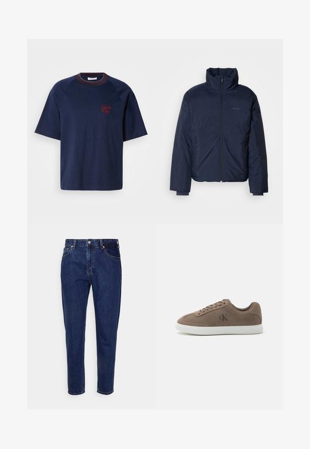 Navyblauer, gesteppter Puffer-Jacke mit hohem Kragen und durchgehendem Reißverschluss. Verfügt über Reißverschlusstaschen an den Seiten und gerippte Bündchen für zusätzliche Wärme.; Marineblaue Baumwoll-T-Shirt mit kurzen Ärmeln, rundem Halsausschnitt und bordeauxroten Akzenten. Mit gesticktem "Calvin Klein"-Logo auf der linken Brust.; Dunkelblaue Jeans mit geradem Bein, vorderer Knopf- und Reißverschluss, Gürtelschlaufen sowie Vorder- und Gesäßtaschen.; Taupefarbener Wildleder-Low-Top-Sneaker mit beigen Schnürsenkeln, weißer Gummisohle und dezentem "cK"-Logo an der Seite.