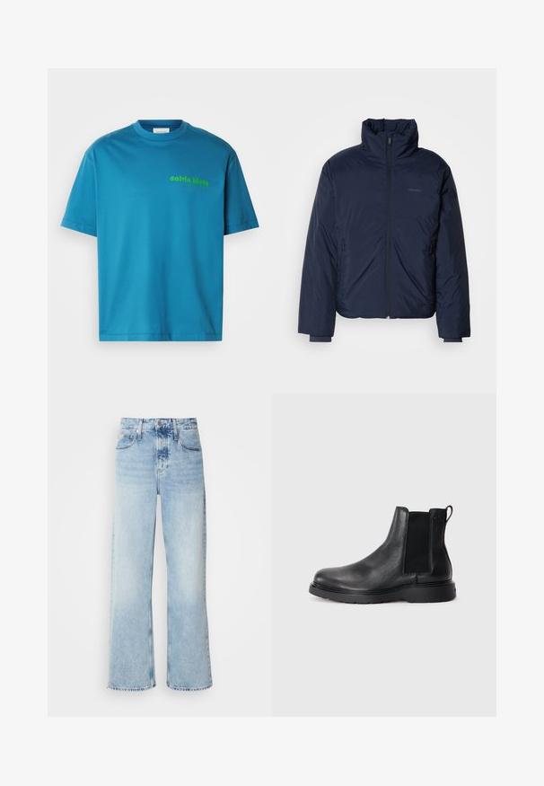 Námornícky prešívaný puff jacket s vysokým golierom a plným predným zipsom. Obsahuje zipsové bočné vrecká a rebrované manžety pre extra teplo.; Tyrkysové bavlnené tričko, s okrúhlym výstrihom, krátkymi rukávmi, s malým zeleným logom "calvin klein" potlačeným na prednej strane. Hladká textúra.; Svetlomodré široké rifle s vysokým pásom, s jemne vyblednutým povrchom, pútkom na opasok a klasickým dizajnom s piatimi vreckami. Lem je surový.; Čierne kožené chelsea čižmy s textúrovaným povrchom, elastickými bočnými panelmi a pevným gumovým podpätkom. Diskrétny branding na päte.