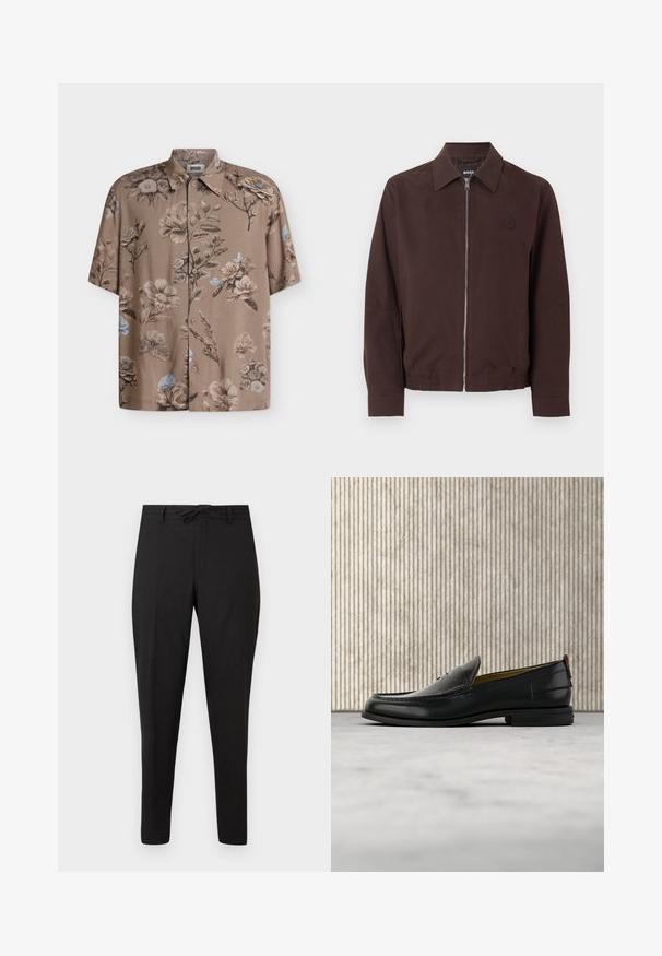 Veste pour homme marron foncé avec fermeture éclair argentée complète à l'avant, col classique, taille élastique et logo discret sur le côté gauche de la poitrine.; Chemise à manches courtes boutonnée en marron clair avec des imprimés floraux atténués aux tons beige, marron et touches de bleu pâle.; Pantalon noir à jambes droites avec taille à cordon de serrage et passants pour ceinture, présenté sur un fond blanc uni.; Mocassin pour homme en cuir noir avec un dessus embossé effet croco et un petit talon, présenté de profil sur un fond neutre.