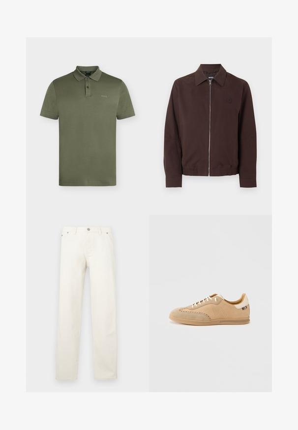 Veste pour homme marron foncé avec fermeture éclair argentée complète à l'avant, col classique, taille élastique et logo discret sur le côté gauche de la poitrine.; Polo manches courtes vert olive avec patte à deux boutons et logo "BOSS" discret sur la poitrine gauche.; Jean blanc à jambe droite en denim, doté d'une braguette à boutons, de passants pour ceinture et de cinq poches. Le tissu présente une texture lisse.; Baskets en daim beige avec des détails perforés, des lacets crème et une semelle texturée marron clair, avec un accent de couleur contrastante au talon.