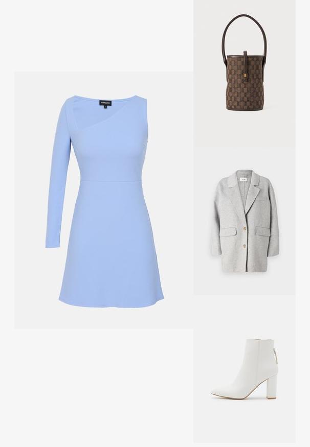 Blazer en laine gris, design structuré, revers cranté, deux poches avant, deux boutons en bois, texture douce, coupe décontractée, style minimaliste.; Robe bleu clair avec une manche longue, un corps ajusté et une jupe évasée. Fabriquée en tissu lisse avec un éclat subtil et des détails de coutures diagonales.; RAID NETHRA - Bottines - white; Sac seau marron avec motif géométrique foncé, garniture en cuir foncé, une seule anse supérieure et fermoir à clapet doré sur la sangle avant.