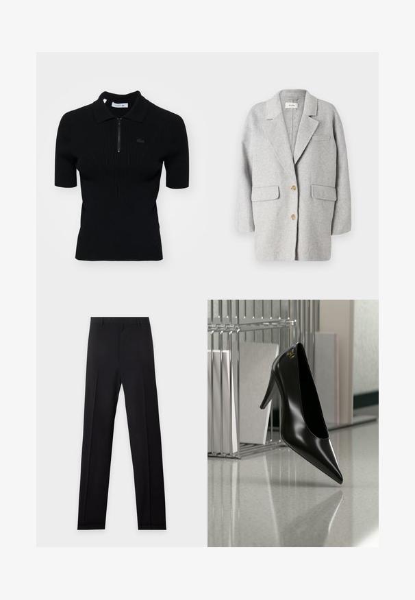 Grauer Wollblazer, strukturiertes Design, Reverskragen, zwei Fronttaschen, zwei Holzknöpfe, weiche Textur, lockere Passform, minimalistische Stil.; Schwarz gestreifter Poloshirt mit kurzen Ärmeln, Reißverschlusskragen und einem subtilen Logodetail. Hergestellt aus strukturiertem Strickmaterial.; Schwarze, maßgeschneiderte formelle Hose mit Gürtelschlaufen, geraden Beinen und gebügelten Bügelfalten vorne auf hellgrauem Hintergrund.; Schwarzer High-Heel-Schuh mit spitzer Zehe und goldem Logo, auf einer reflektierenden Oberfläche nahe einem verchromten Draht-Organizer mit Dokumenten positioniert.