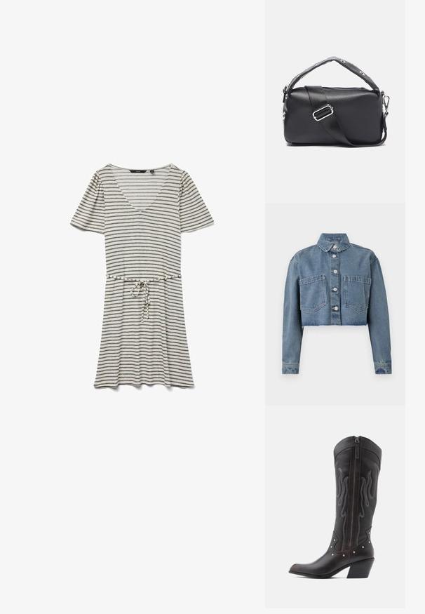 Abgeschnittene Jeansjacke in Hellblau mit spitzem Kragen, vorderem Knopfverschluss und zwei Brusttaschen. Ausgefaserter Saum und lange Ärmel.; Gestreiftes Kurzarmkleid aus leichtem Stoff. Mit V-Ausschnitt, tailliertem Schnitt mit Kordelzug und abwechselnd schwarzen und weißen Streifen.; Braune Cowboy-Stiefel aus Leder mit Flammenstickerei, seitlichem Reißverschluss, silbernen Nieten, spitzer Zehenpartie und geschichtetem Absatz.; Zign STUDIO by Zalando Handtasche - black