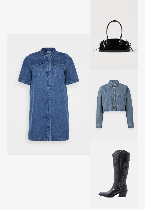 Korthvidt denimjakke i lyseblå, med spids krave, frontknapper og to brystlommer. Distressed kant og lange ærmer.; Denim skjortekjole i mørkeblå, med korte ærmer, to brystlommer, knaplukning foran og lige snit.; Sorte cowboystøvler i læder med spids tå, synlige sømme, sølvfarvede nitte-detaljer og lynlås på den indvendige side.; Lille sort blank håndtaske med to lange håndtag og snøre-detaljer i siden på en ensfarvet lys baggrund.