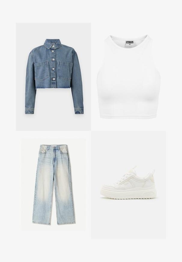 Korthvidt denimjakke i lyseblå, med spids krave, frontknapper og to brystlommer. Distressed kant og lange ærmer.; Hvid ribbet cropped tanktop med høj halsudskæring og "Urban Classics XS" label inde i kraven.; Lyseblå denimbukser med vid ben, der har fem lommer, subtil falmning og synlige sømme langs kanterne.; Hvide lædersneakers med en kraftig sål, snørebåndsdesign og subtil branding. Har en glat overflade og rund tå.