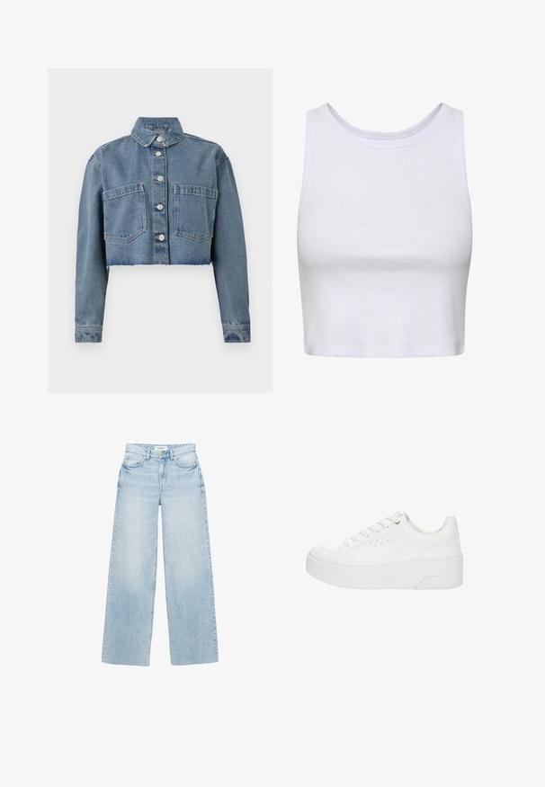 Veste en denim raccourcie de couleur bleu clair, avec un col pointu, des boutons à l'avant et deux poches sur la poitrine. Ourlet déchiré et manches longues.; Crop-top blanc en tissu ribbé, doté d'un col rond et d'une coupe sans manches avec une silhouette ajustée. Pas de motifs ni d'accents.; Jean large à lavage clair en denim. Caractérisé par une taille haute, cinq poches et une fermeture éclair avec bouton. Texture légèrement usée.; Baskets à plateforme blanches avec lacets à l'avant, détails perforés sur le côté et semelle épaisse, vues de profil extérieur sur un fond blanc.