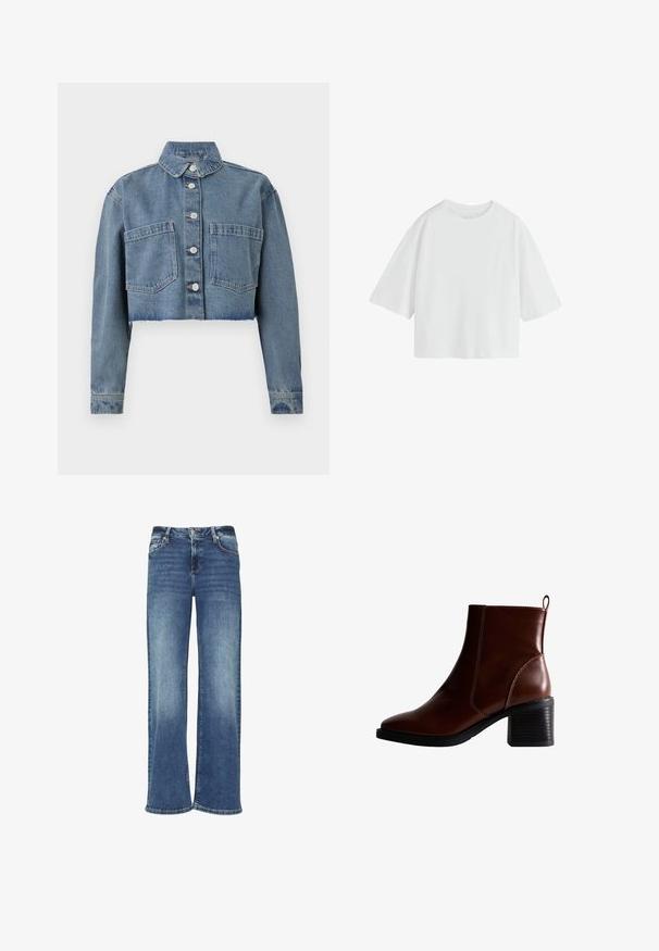 Chaqueta de mezclilla cortada en azul claro, con cuello puntiagudo, botones en la parte frontal y dos bolsillos en el pecho. Con dobladillo desgastado y mangas largas.; Camiseta blanca lisa de manga corta oversize con cuello redondo y ajuste holgado.; Jeans de mezclilla azul de pierna ancha con un lavado deslavado, cierre de botón y diseño de cinco bolsillos. Presenta un corte recto y holgado.; Botín de cuero marrón hasta el tobillo con punta cuadrada y costura lateral, un tacón apilado de 3 pulgadas y una lengüeta en la parte posterior para facilitar su colocación.