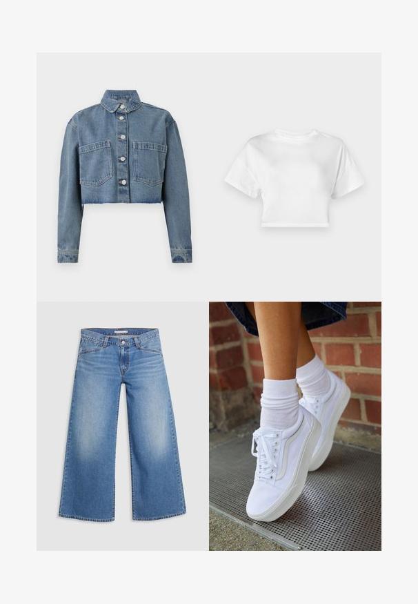 Korte spijkerjack in lichtblauw, met een puntige kraag, knopen aan de voorkant en twee borstzakken. Afgedragen zoom en lange mouwen.; Witte cropped t-shirt van katoen. Korte mouwen, ronde halslijn, gladde textuur, casual ontwerp zonder patronen of versieringen.; Lichtblauwe wijde denim jeans met een hoge taille, klassieke vijf-pocket design en subtiele vervaging langs de benen.; Witte canvas sneakers met rubberen zolen, voorzien van zes vetertjes, een ronde neus en lichte stikdetails, gecombineerd met witte enkelsokken.