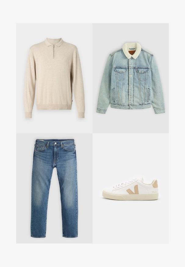 Lyseblå denimjakke med en fluffy, hvid krave. Har brystlommer, trykknapper og en afslappet pasform med synlige sydetaljer.; Beige langermet pullover med krave og lynlås. Lavet af blødt materiale med ribbede manchetter og kant.; Blå denim jeans med lige pasform, med falmning på lårene, fem lommer og en sølvknap lukning i taljen.; Hvide sneakers med beige detaljer, glat lædermateriale, rund tå, flad gummisål og snørebånd foran med et logo på hælen.