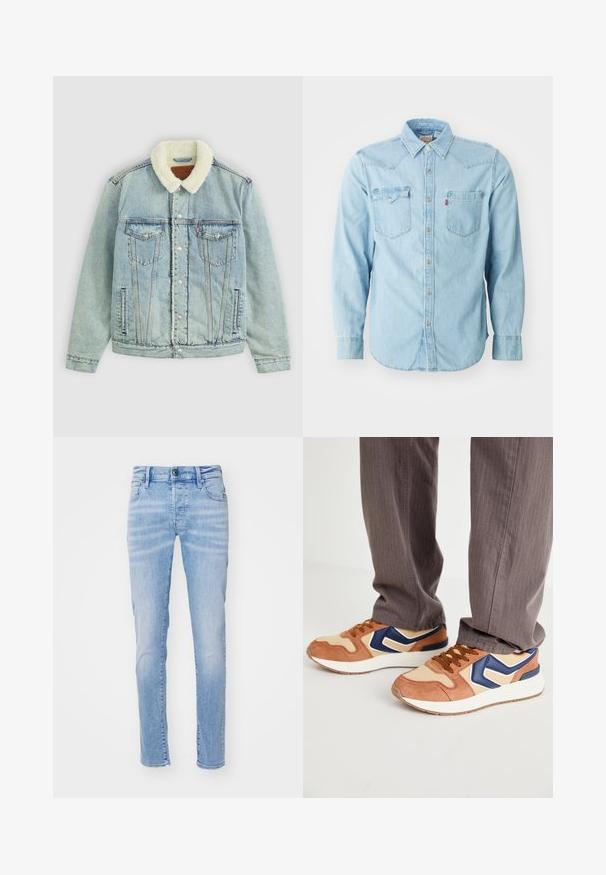 Hellblaues Denim-Jackett mit einem flauschigen, weißen Kragen. Verfügt über Brusttaschen, Druckknöpfe und einen relaxed Fit mit sichtbaren Nähdetails.; Helle denim-langarmbluse mit spitzem Kragen, zwei Brusttaschen, silbernen Druckknöpfen und Kontrastnähten. Glatte Textur.; Helle blaue Denim-Jeans mit schlankem Schnitt, ausgestattet mit einem Fünf-Taschen-Design, Gürtelschlaufen und einem Knopfverschluss. Der Stoff hat eine weiche Textur.; Sneaker aus einer Kombination von hellbraunem Wildleder und cremefarbenem synthetischem Material, mit blauen Akzenten und einer strukturierten Sohle; braune Schnürsenkel; getragen mit grauen gestreiften Hosen.