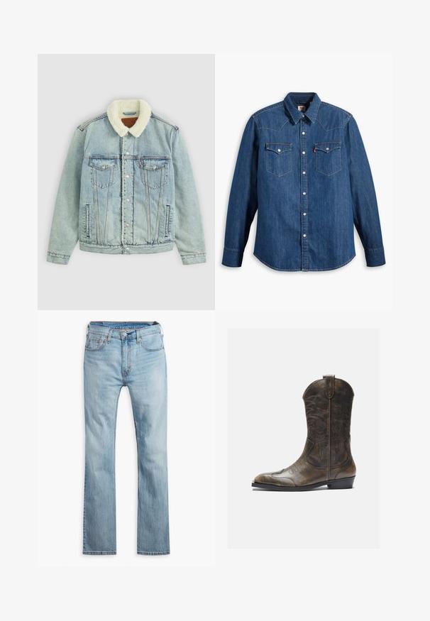 Lichtblauwe denimjack met een fuzzy, witte kraag. Heeft borstzakken, drukknoopsluitingen en een ontspannen pasvorm met zichtbare stikdetails.; Denim overhemd in donkerblauw met lange mouwen, puntige kraag en drukknoopsluiting. Bevat twee borstzakken met kleppen en contrasterende stiksels.; Lichtblauwe denim jeans, rechte pijpen, met vijf zakken, contrasterende stiksels en een knoopsluiting bij de tailleband.; Bruine leren cowboylaars met een hoge schacht, spitse neus, ingewikkelde stikpatronen en een kleine hak. Gevarieerde afwerking overal.