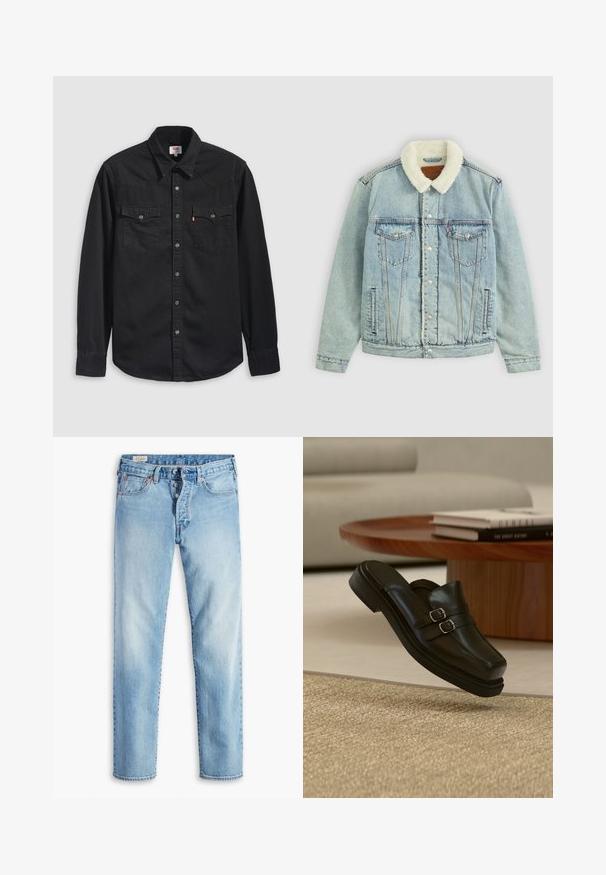 Veste en denim bleu clair avec un col pelucheux blanc. Comprend des poches poitrine, des boutons-pression et une coupe décontractée avec des détails de couture visibles.; Chemise en denim noir avec col boutonné, deux poches poitrine et un col pointu avec des détails de couture visibles.; Jean en denim bleu clair avec une coupe droite, doté de cinq poches, de passants pour ceinture et d'une fermeture à boutons.; Chaussure noire en cuir à enfiler avec double boucle argentée, présentée en suspension au-dessus d'un tapis beige texturé, près d'une table basse en bois et des livres.