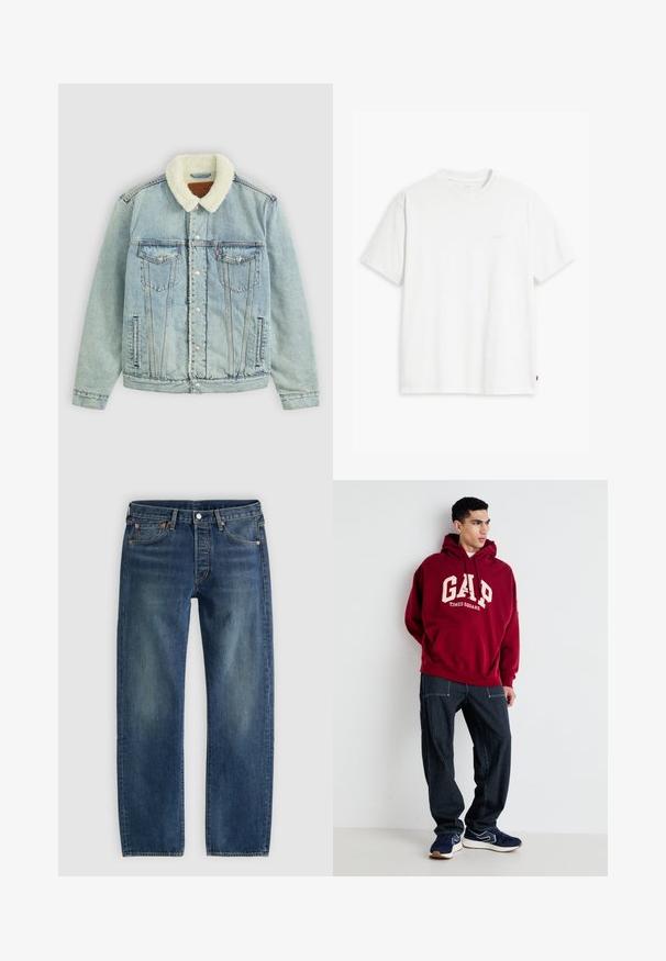 Lyseblå denimjakke med en fluffy, hvid krave. Har brystlommer, trykknapper og en afslappet pasform med synlige sydetaljer.; Hvid t-shirt i bomuld med korte ærmer, rund halsudskæring og en diskret "Levi's"-logo trykt i lyse farver på forsiden.; Blå straight-leg denim jeans med fem lommer og kobbernitter, vist fladt på en lysegrå baggrund.; Mørkerød hættejakke med "GAP" og "TIMES SQUARE" trykt i cremefarve, sammen med marineblå stribede bukser og marineblå sneakers med hvide detaljer.