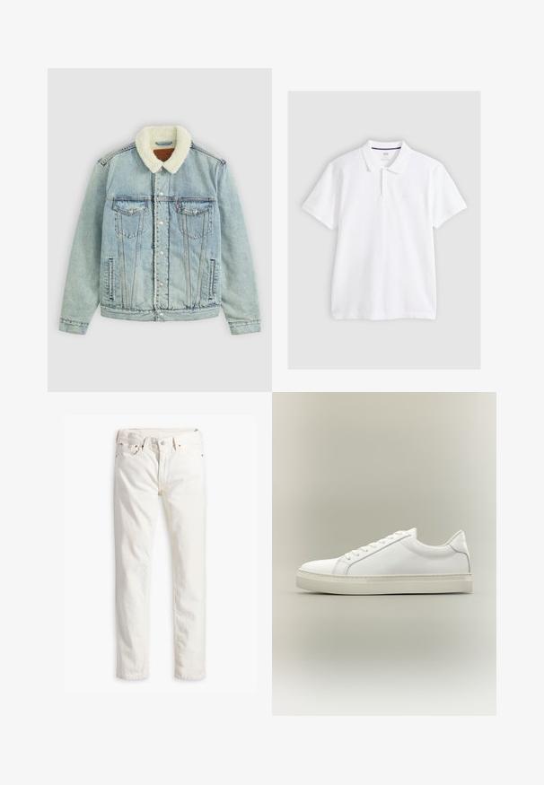 Hellblaues Denim-Jackett mit einem flauschigen, weißen Kragen. Verfügt über Brusttaschen, Druckknöpfe und einen relaxed Fit mit sichtbaren Nähdetails.; Weißes kurzärmeliges Poloshirt mit Kragen und Zweiknopfleiste, flach auf hellgrauem Hintergrund liegend.; Weiße Jeans im geraden Schnitt, fünf Taschen, Kupferknopf und Nieten sowie einem dezent strukturierten Stoff. Keine sichtbaren Muster.; Weißer Sneaker mit niedrigem Schaft, vorn mit Schnürung und dicker Sohle, aus der Seitenansicht vor neutralem Hintergrund.