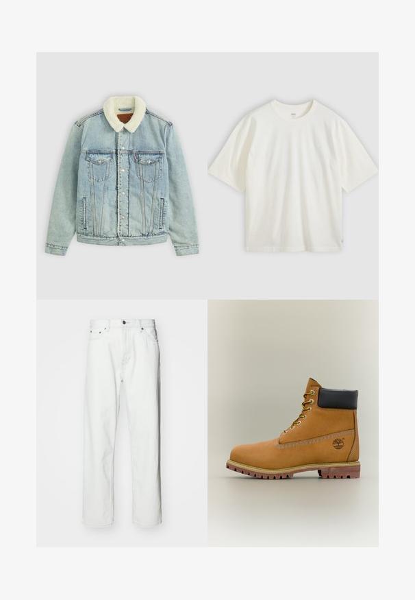 Veste en denim bleu clair avec un col pelucheux blanc. Comprend des poches poitrine, des boutons-pression et une coupe décontractée avec des détails de couture visibles.; T-shirt blanc à manches courtes en coton. Col rond, coupe décontractée, marquage discret sur la poitrine et une étiquette rouge à l'ourlet.; Jean en denim blanc avec une coupe droite, design à cinq poches, fermeture à bouton et détails de coutures subtils. Texture lisse et style minimaliste.; Bottine en cuir marron avec col noir, lacets jaunes et semelle beige. Présente un logo et des détails de couture blanche. Semelle extérieure à traction robuste.