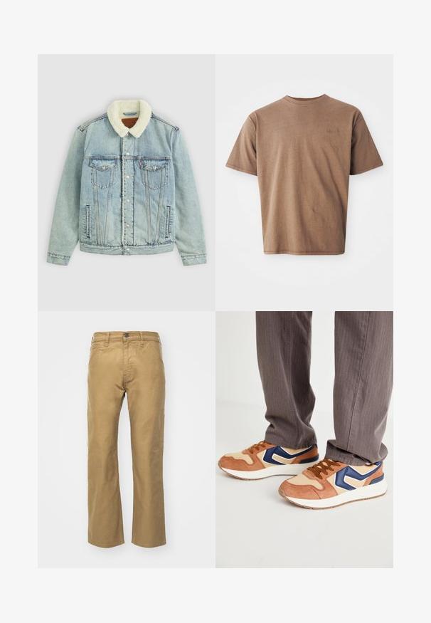 Veste en denim bleu clair avec un col pelucheux blanc. Comprend des poches poitrine, des boutons-pression et une coupe décontractée avec des détails de couture visibles.; T-shirt en coton marron avec un col rond, des manches courtes et un logo brodé discret sur le côté gauche de la poitrine. Texture lisse, coupe décontractée.; Pantalons kaki en coton. Coupe droite avec une ceinture et des poches avant. Comprend une poche arrière unique et des détails de couture subtils.; Baskets mêlant suède beige et matériau synthétique crème, avec un accent bleu et une semelle texturée ; lacets marron ; portées avec un pantalon gris rayé.