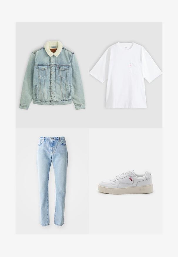 Veste en denim bleu clair avec un col pelucheux blanc. Comprend des poches poitrine, des boutons-pression et une coupe décontractée avec des détails de couture visibles.; T-shirt en coton blanc à manches courtes, col rond et poche poitrine gauche. Comprend une petite étiquette logo rouge sur la poche.; Jeans en denim bleu clair avec une coupe droite, style cinq poches et taille haute. Peu de décoloration et pas d'ornements visibles.; Baskets en cuir blanc avec une surface texturée, bout arrondi et semelle en caoutchouc beige. Présente le logo rouge de Levi's sur le côté et un col rembourré.
