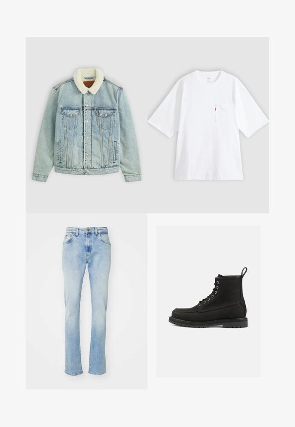Hellblaues Denim-Jackett mit einem flauschigen, weißen Kragen. Verfügt über Brusttaschen, Druckknöpfe und einen relaxed Fit mit sichtbaren Nähdetails.; Weißes Baumwoll-T-Shirt mit kurzen Ärmeln, rundem Ausschnitt und Brusttasche auf der linken Seite. Mit kleinem rotem Logotag an der Tasche.; Hellblaue Denim-Jeans mit geradem Schnitt, fünf Taschen, Knopfverschluss und subtiler Ausbleichung an den Oberschenkeln und dem Saum.; Schwarze Leder-Ankle-Boots mit runder Zehenpartie, Schnürdesign, Metallösen und einer strukturierten Gummisohle. Verfügt über eine dekorative Schlaufe.