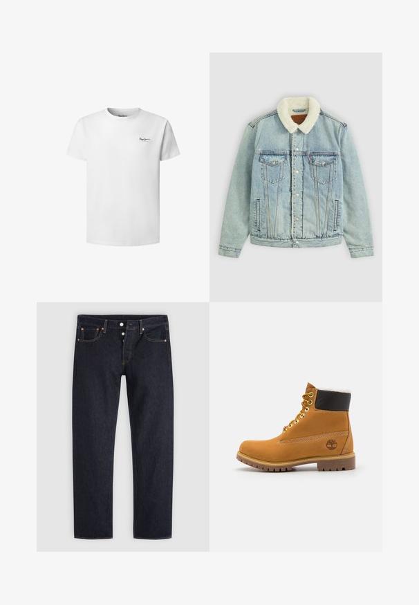 Veste en denim bleu clair avec un col pelucheux blanc. Comprend des poches poitrine, des boutons-pression et une coupe décontractée avec des détails de couture visibles.; T-shirt blanc à manches courtes avec col rond et petit logo "Pepe Jeans London" sur le côté gauche de la poitrine.; Jean droit bleu foncé avec braguette à boutons, poches avant et arrière, et détails en rivets de cuivre sur un fond gris clair.; Bottine en cuir brun avec œillets en métal, doublure en fourrure blanche, col rembourré noir, semelle robuste et logo en relief sur le côté.