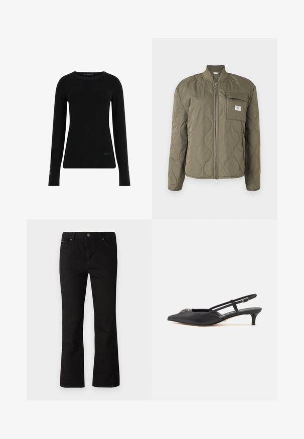 Veste matelassée vert olive avec fermeture éclair à l'avant, col côtelé et poche poitrine avec rabat et étiquette de marque.; Pull noir à manches longues en tissu lisse, avec un col rond et un logo subtil à l'avant, agrémenté de boutons décoratifs sur les manches.; Jean noir à jambe droite avec fermeture à bouton et à zip, passants de ceinture, et poches avant et arrière sur fond blanc.; Chaussures noires à talon slingback avec un bout pointu, en matériau lisse, dotées d'un petit talon et d'un accent décoratif en argent sur le dessus.
