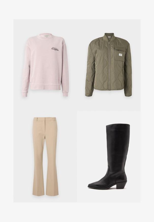 Olijfgroene gewatteerde jas met ritssluiting aan de voorkant, geribde kraag en borstzak met klep en merkembleem.; Lichtroze long-sleeve sweater met ronde hals, geribbelde manchetten en zwarte tekst "Infinite Summer ALLSAINTS London" op de linkerborst.; Beige op maat gemaakte broek met een rechte pasvorm, voorzien van een platte voorkant, riemlussen en een gladde textuur. Geen zichtbare zakken of patronen.; Zwarte leren laars tot half op de kuit met een puntige neus en een lage schuine hak op een effen lichte achtergrond.