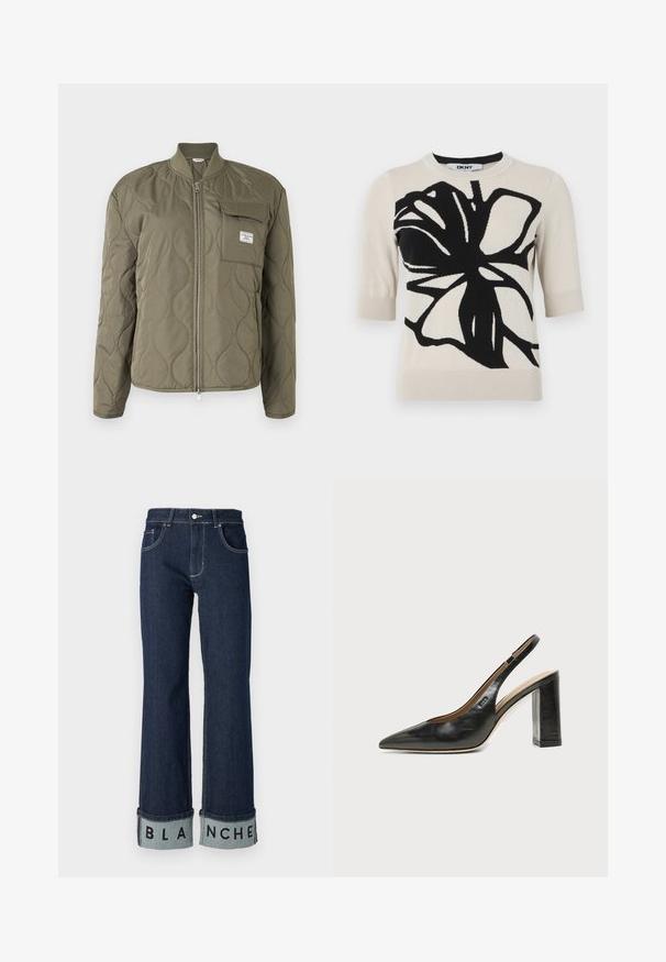 Olivengrøn quiltet jakke med frontlynlås, ribbet krave og brystlomme med klap og mærkeetiket.; DKNY GRAFFITI FLORAL - T-shirts print - light city khaki/black; Mørkeblå denim jeans med bred ben, der har en foldet kant, der viser "BLANCHE" i fed sort skrift på en lyseblå kant.; Sort læder peep-toe slingback sko med høj blokhæl og beige indvendig foring mod en ensfarvet lys baggrund.