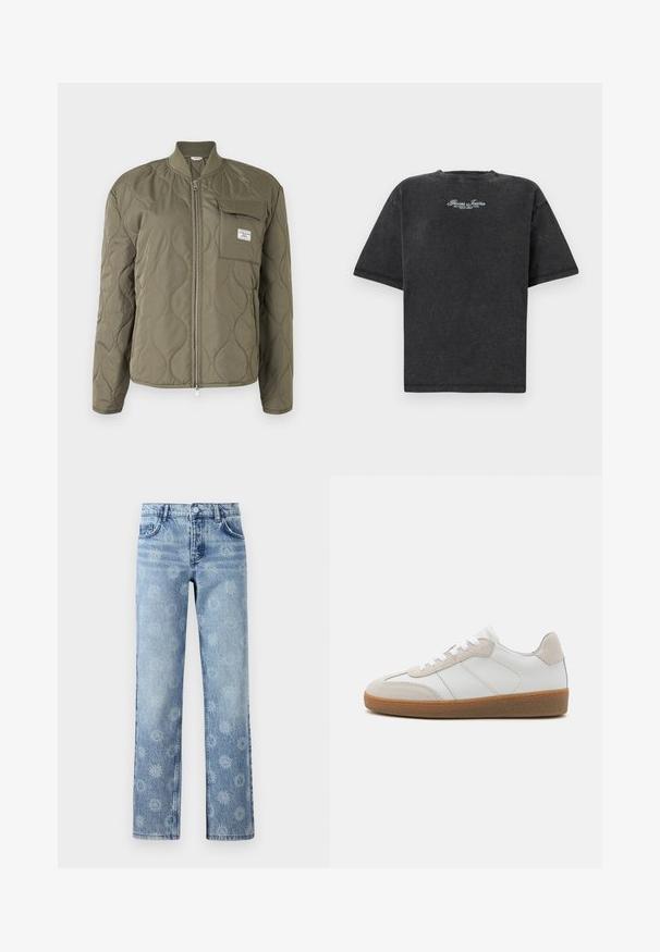 Oliivinvihreä tikattu takki, jossa edessä vetoketju, resorikaulus ja rintatasku, jossa läppä ja merkin etiketti.; Guess Jeans SCRIPT TEE - Printtipaita - jet black; Vaaleansiniset farkut, joissa on hieman haalistunut pinta, kukkakuviot, viisi taskua ja suora lahje.; Valkoiset nahkakengät, joissa on beige mokkanahkakorostukset, teksturoitu kieli ja kumipohja. Varustettu valkoisilla nauhoilla ja hillityillä ompeluympäröillä.