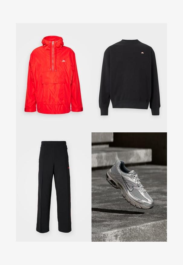 Červená vetrovka Nike s kapucňou, polovičný zips vpredu, veľká predná vrecko s klopou a nastaviteľné manžety.; Čierna mikina s dlhými rukávmi a okrúhlym výstrihom, s rebrovanými manžetami a lemom, s malým broskyňovým logom na ľavej hornej časti hrudníka.; Čierne tepláky so voľným strihom, ktoré majú červené akcenty a vrecká po stranách. Materiál vyzerá mäkko a má hladkú textúru.; Strieborná a sivá bežecká obuv Nike zavalená vo vzduchu nad betónovými schodmi, zobrazujúca sieťovaný zvršok a detaily odpruženej podrážky.