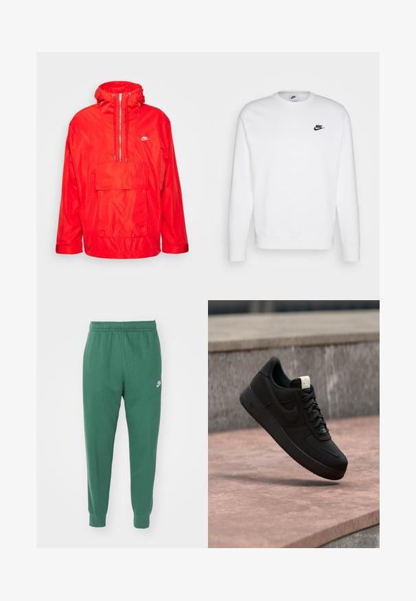 Červená vetrovka Nike s kapucňou, polovičný zips vpredu, veľká predná vrecko s klopou a nastaviteľné manžety.; Biela mikina vyrobená z bavlny s dlhými rukávmi, okrúhlym výstrihom a čiernym logom Nike na ľavej hrudi. Mäkká textúra s rebrovanými manžetami.; Nike Sportswear CLUB JGGR - Tepláky - fir/white; Čierna teniska Nike Air Force 1 plávajúca nad ružovým betónovým okrajom so sivým kamenným pozadím, zobrazujúca bočné a horné detaily.