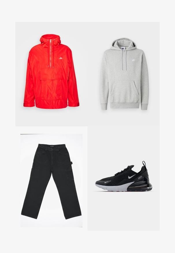 Rote Nike Windbreaker-Jacke mit Kapuze, halblangem Reißverschluss auf der Vorderseite, großer Fronttasche mit Klappe und verstellbaren Bündchen.; Hellgrauer Hoodie aus weichem Stoff mit Kängurutasche, Kapuze mit Kordelzug und kleinem weißem Logo auf der Brust.; Schwarze Denim-Hose mit geradem Bein, ausgestattet mit einem Frontknopfverschluss, Gesäßtaschen und einer seitlichen Cargo-Tasche.; Schwarzer Sportschuh mit Mesh-Obermaterial, weißer Zwischensohle und sichtbarem Luftpolster im Fersenbereich. elegantes Design mit dezenten silbernen Akzenten.