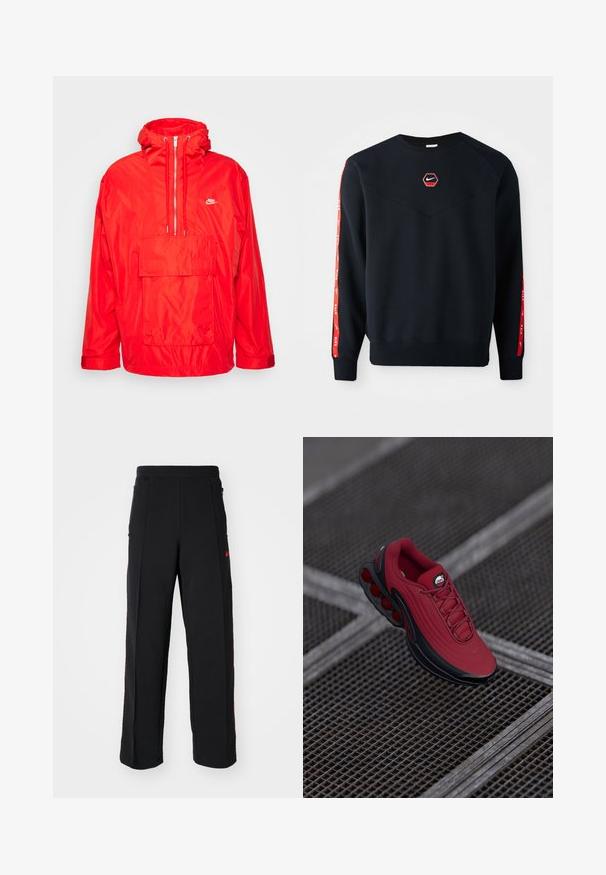 Rote Nike Windbreaker-Jacke mit Kapuze, halblangem Reißverschluss auf der Vorderseite, großer Fronttasche mit Klappe und verstellbaren Bündchen.; Marineblauer Sweatshirt mit einem hexagonalen roten Nike-Logo auf der Brust. Besondere Merkmale sind rote Akzente an den Ärmeln und ein strukturiertes, weiches Material.; Schwarze Sweatpants mit lockerem Schnitt, ausgestattet mit roten Akzenten und Taschen an den Seiten. Das Material wirkt weich mit einer glatten Textur.; Rote Sneaker mit strukturiertem Obermaterial, ausgestattet mit schwarzen Akzenten und einem auffälligen Luftpolstersohlen-Design. Schnürsenkel und Logo sind oben sichtbar.