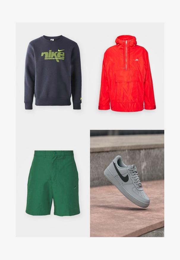 Punane Nike vihmamantel kapuutsiga, pooltõmblukuga esiosa, suur esikott flapi ja reguleeritavate mansettidega.; Tumesinine sviiter puuvillasegist, millel on neoonroheline logo ja tekst "nike international sportswear" rinna kohal, soonikkoes mansetid ja allserv.; Roheline põimitud lühikesed püksid laia esiotsaga, kahe küljetaskuga ja diskreetne Nike logo tikandina vasakul jalal. Sisaldab nööpkinni.; Hall Nike Air Force 1 tossud musta Swoosh logoga, valge tallaga ja paeltega, õhus betoonpinna kohal.