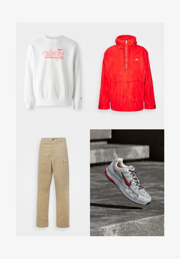 Punainen Nike-tuultapitävä takki, jossa on huppu, puolivetoketju edessä, suuri etutasku läpällä ja säädettävät hihansuut.; Valkoinen huppari, joka on valmistettu puuvillasekoituksesta. Siinä on suuri punainen "nike" -logo, jossa on pistekuvio sekä "International Sportswear" -teksti sen alla. Punainen Nike -swoosh hihassa.; Nike Sportswear TREND PANT - Housut - khaki/team orange/khaki; Valkoinen ja harmaa Nike juoksukenkä, jossa punaiset korostukset ja mustat nauhat, roikkuu harmaiden betonisten portaiden yläpuolella.