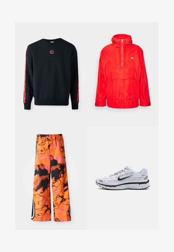 Veste coupe-vent Nike rouge avec capuche, front zippé à mi-longueur, grande poche avant avec rabat et poignets ajustables.; Sweatshirt marine avec un logo Nike rouge hexagonal sur la poitrine. Présente des accents rouges le long des manches et un tissu texturé et doux.; Pantalons amples avec un motif abstrait en tourbillon vibrant orange, noir et rose, taille élastique, rayures sur les côtés et bouton de fermeture.; Baskets de course blanches avec une tige en mesh, bout arrondi, accents noirs et semelle à motif. Comprend des lacets et une marque sur le côté.