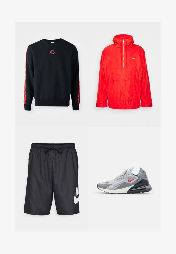 Červená vetrovka Nike s kapucňou, polovičný zips vpredu, veľká predná vrecko s klopou a nastaviteľné manžety.; Námornícky sveter s hexagonálnym červeným logom Nike na hrudi. Obsahuje červené akcenty pozdĺž rukávov a textúrovanú, jemnú tkaninu.; Čierne plavky vyrobené z ľahkého materiálu, s elastickým pásom a šnúrkou na stiahnutie, a veľkým bielym logom Nike na ľavej nohe.; Tenisky Nike Air Max v sivej a bielej sieťovine s červenými akcentmi. Disponujú výraznou podrážkou s vzduchovým odpružením a textúrovaným povrchom.